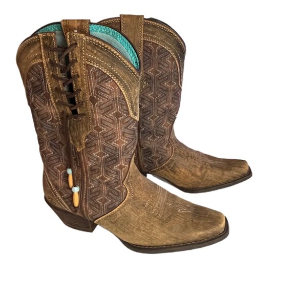 Durango Crush Driftwood Brown Leather Western Boots Lace-up Beaded Ties Size 8 - Picture 4 of 15